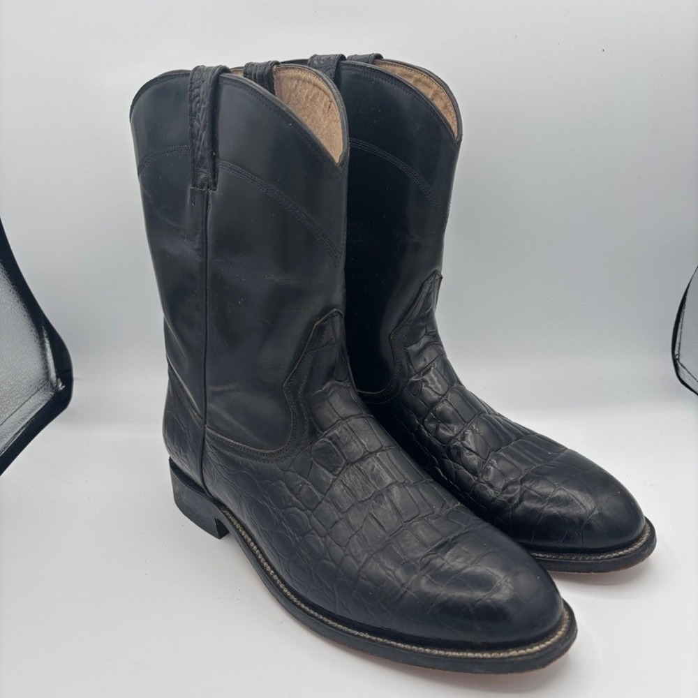 El Potro Cowboy Boots Mens Sz 12 Black Caiman Belly Leather Western Roper